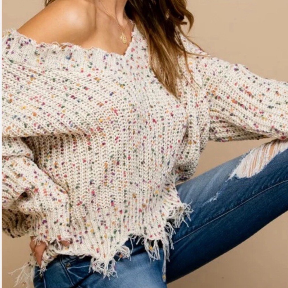 A.O.T.C. Womens Distressed‎ Confetti Knit V-Neck Sweater Cream Multi LT3091W
